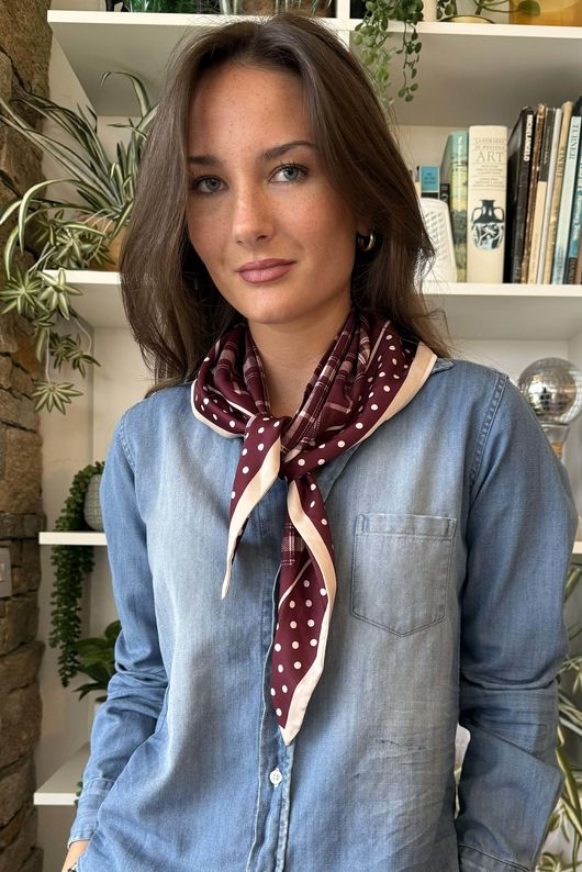 Plaid & Polka Border Triangle Silk Neckerchief Burgundy